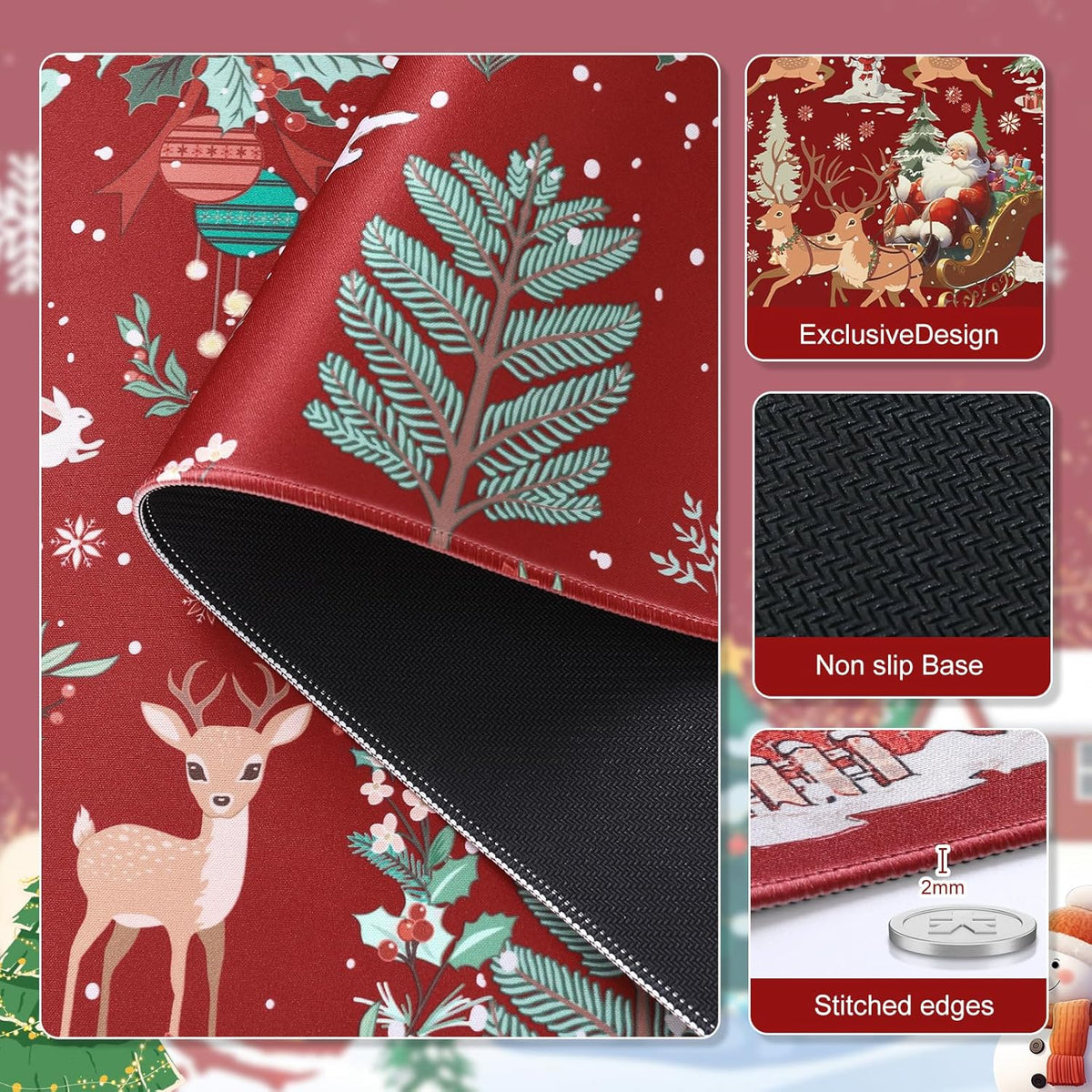 Christmas Desk Mat, Winter Forest Large Mouse Pad,Red