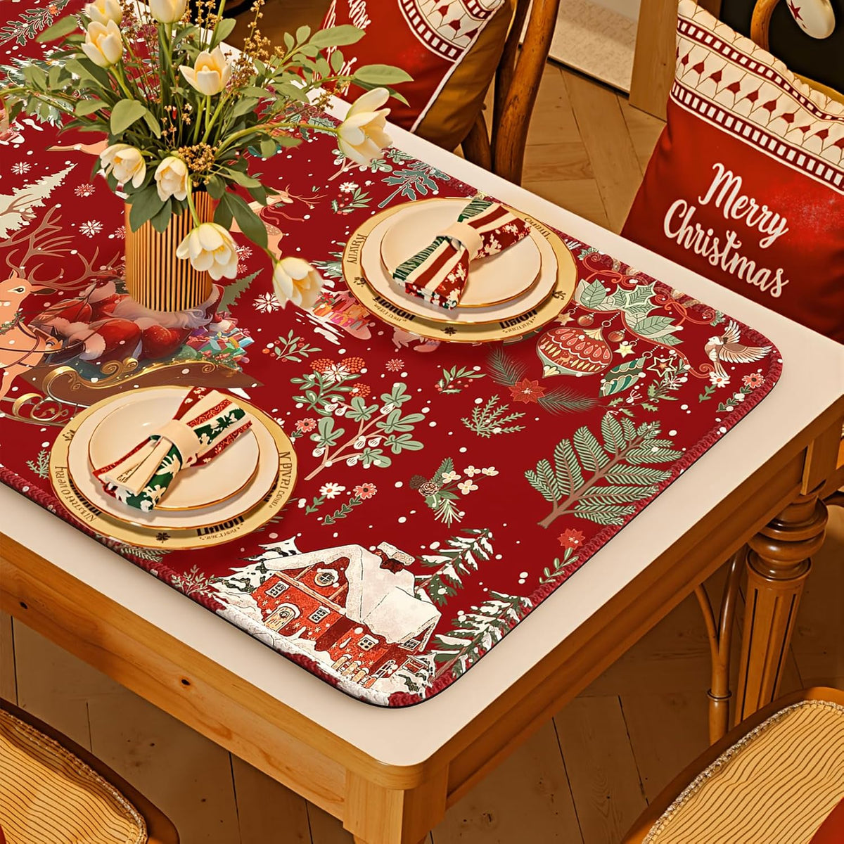 Christmas Desk Mat, Winter Forest Large Mouse Pad,Red