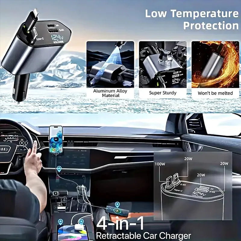 4 in 1 120W Car Charger Retractable Car Cigarette Lighter Adapter USB Type C Fast Charger Cable for Iphone Xiaomi POCO Samsung