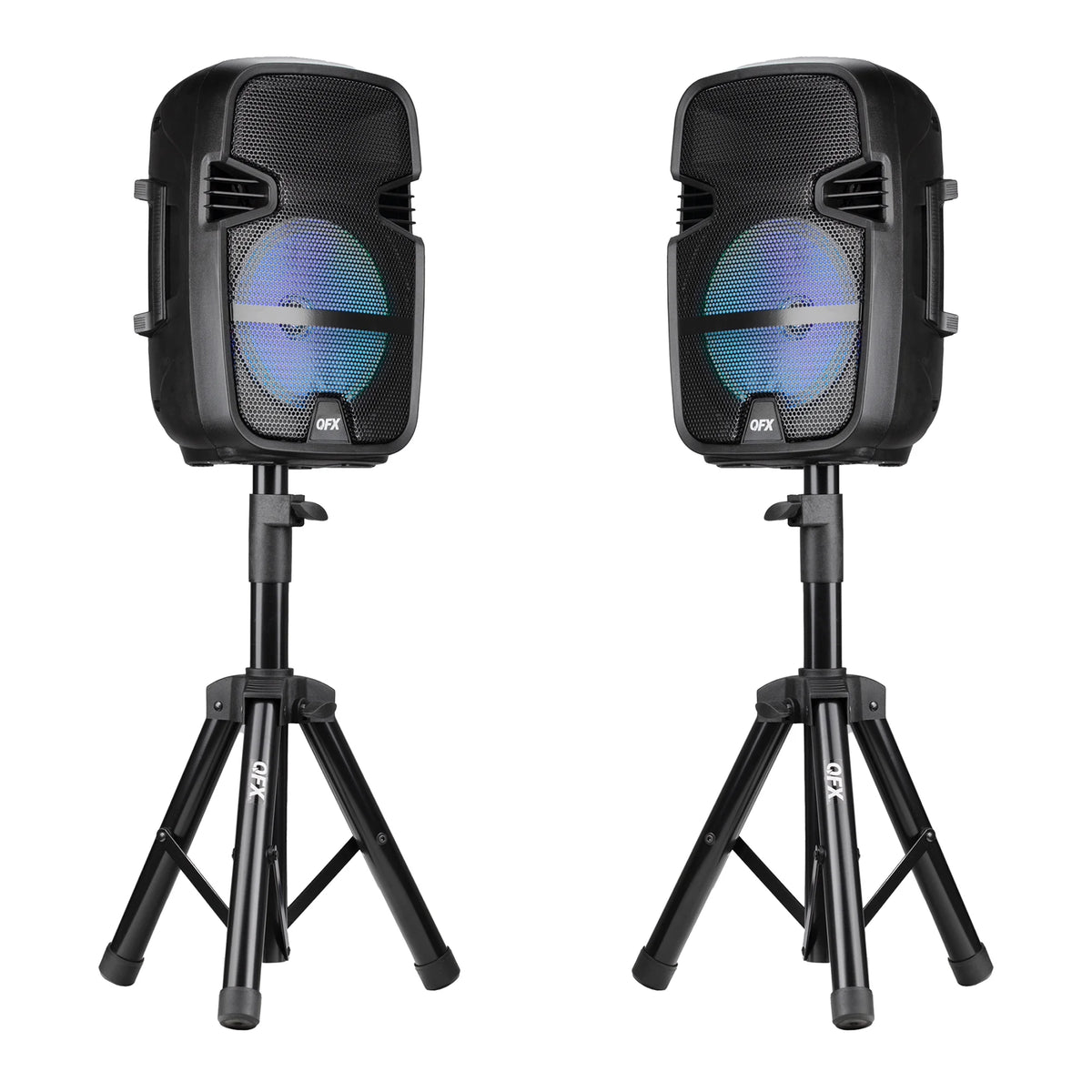 PBX-808TWS Dual 8-Inch Portable Bluetooth PA Speaker System with Stands, Wired Mics, Remotes, USB/FM/TWS/LED