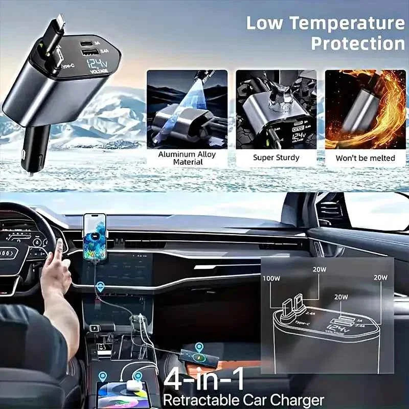 4 in 1 120W Car Charger Retractable Car Cigarette Lighter Adapter USB Type C Fast Charger Cable for Iphone Xiaomi POCO Samsung